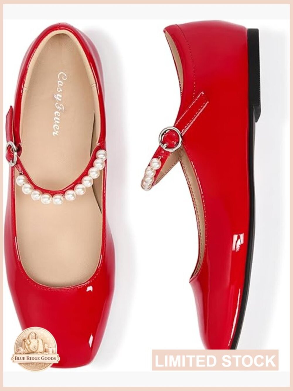 Square Toe Pearl Strap Mary Jane Flats Dressy Ballet Wedding Office